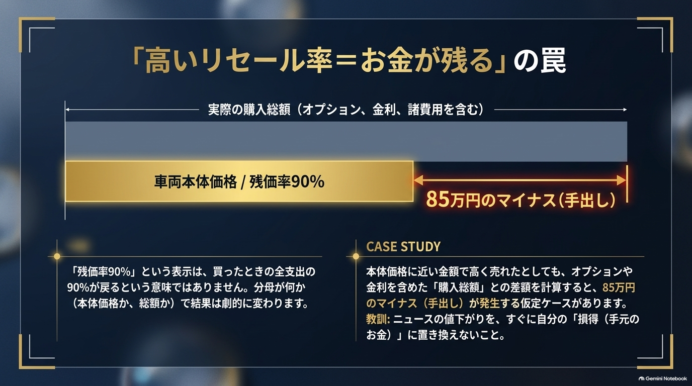 「残価率90%」でも購入総額との差額で手出しが発生する罠をバーチャートとケーススタディで解説するスライド