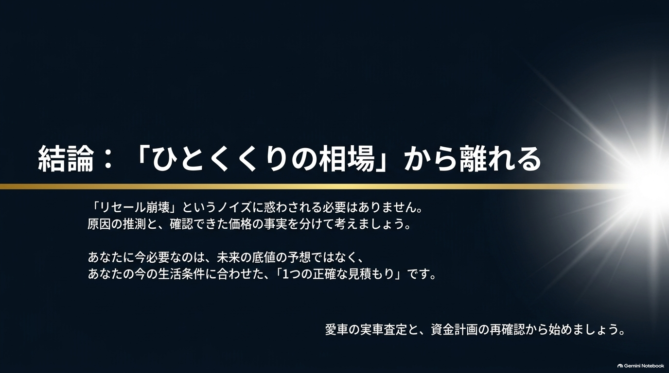 相場のノイズを排除し、現在の生活条件に合った正確な見積もりを取得すべきという結論をまとめたスライド