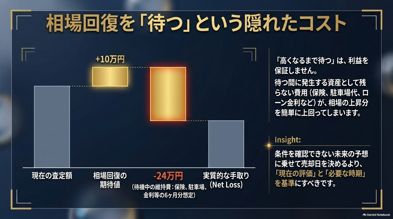 相場回復を待つ間に生じる維持費（-24万円）が値上がり期待値（+10万円）を上回る隠れたコストを解説するスライド