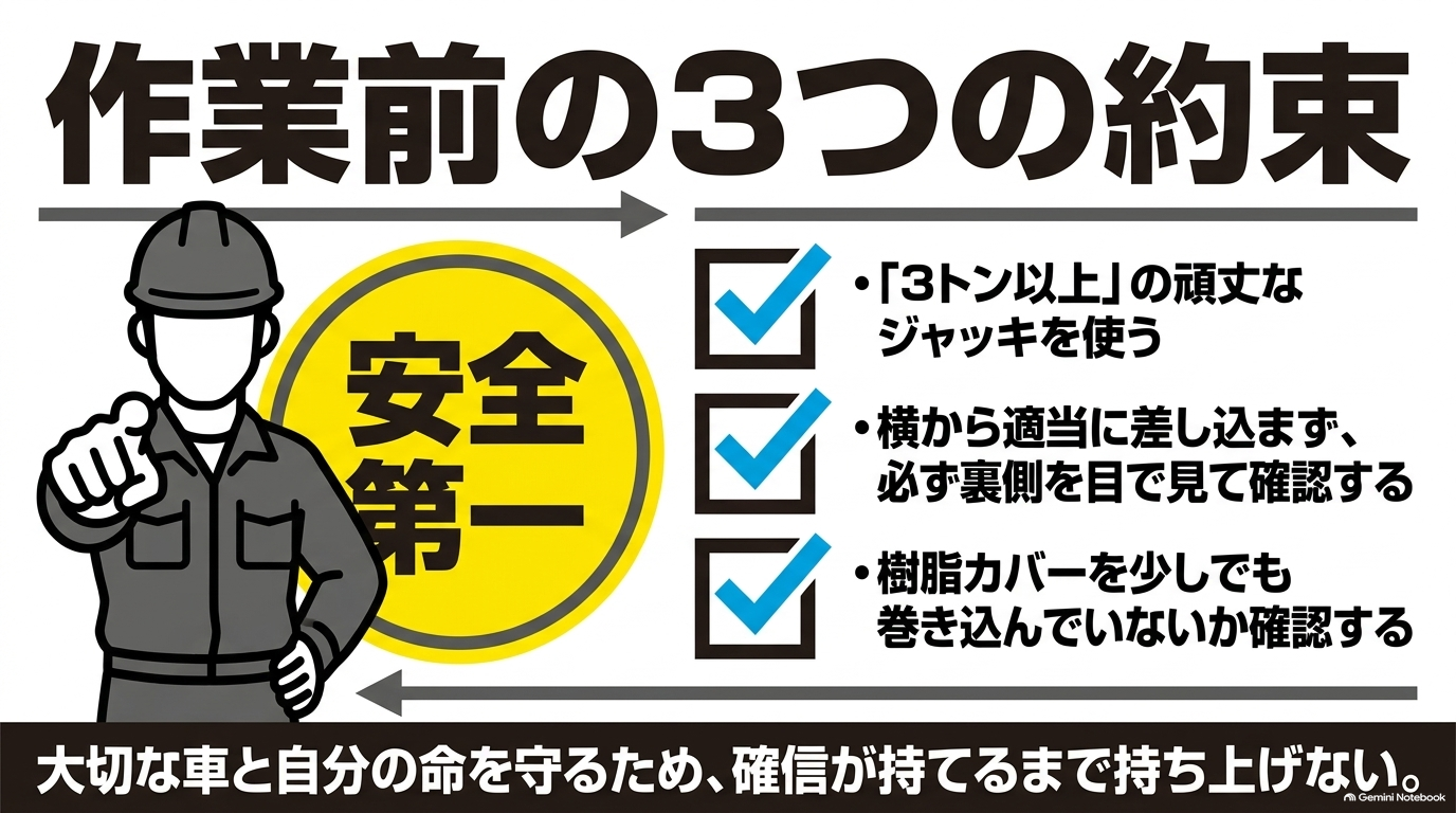 アルファードのジャッキアップ作業前に守るべき3トン以上ジャッキの使用や切り欠きの目視確認など安全作業の要点をまとめた図解