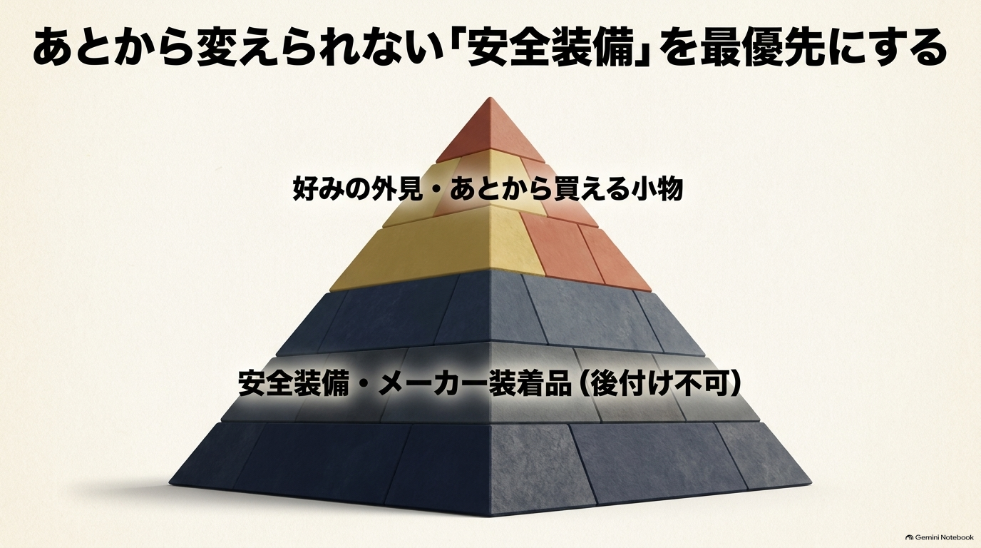 後付けできない安全装備やメーカー装着品を土台として最優先に選ぶ重要性を説明するスライド