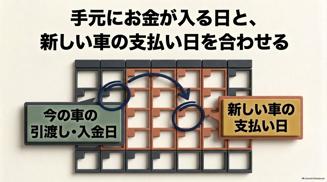 今の車の売却入金日と新しい車の支払い日のタイミングを合わせる重要性を示すスライド