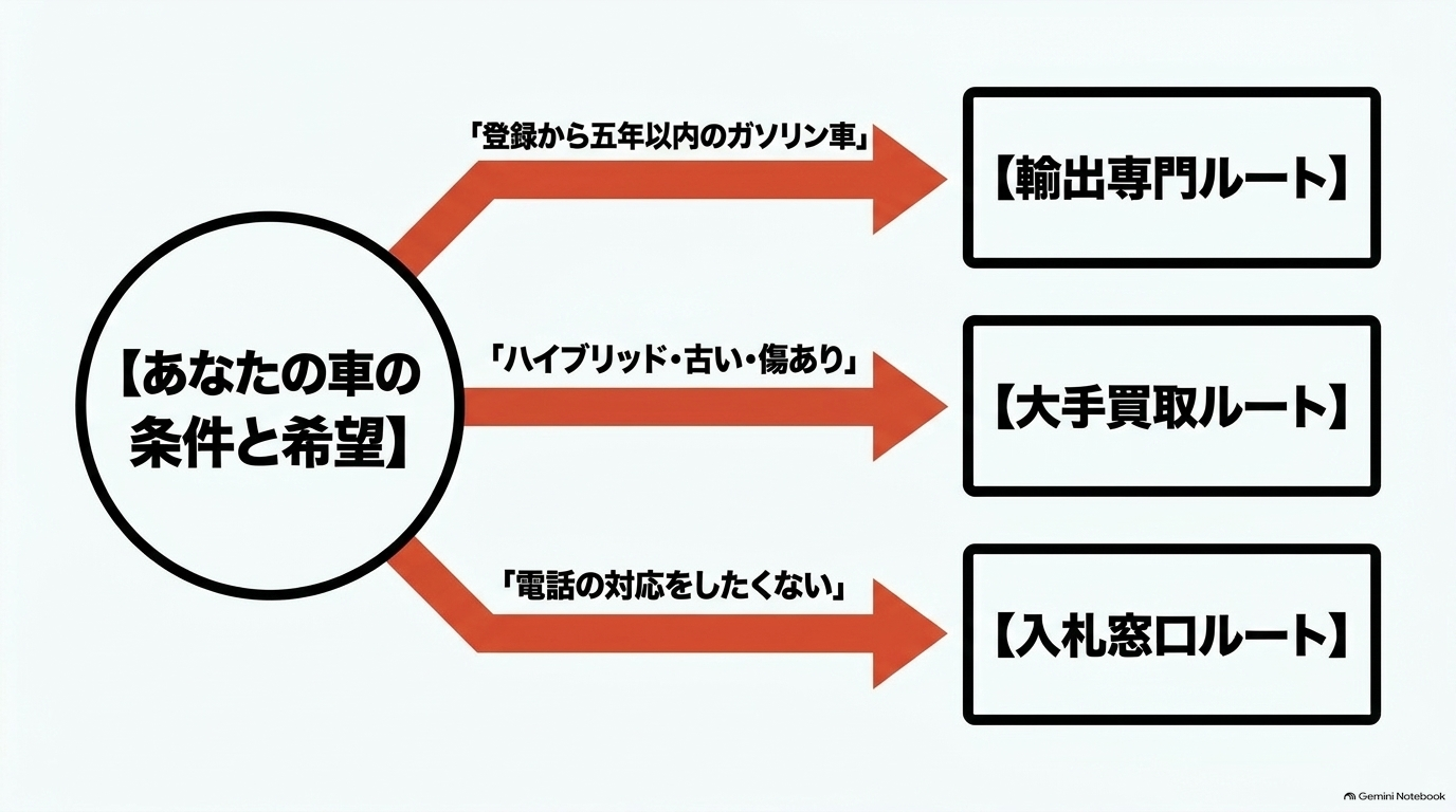 車の条件や売主の希望に応じた輸出専門・大手買取・入札型の3つの売却ルートを示すフローチャート