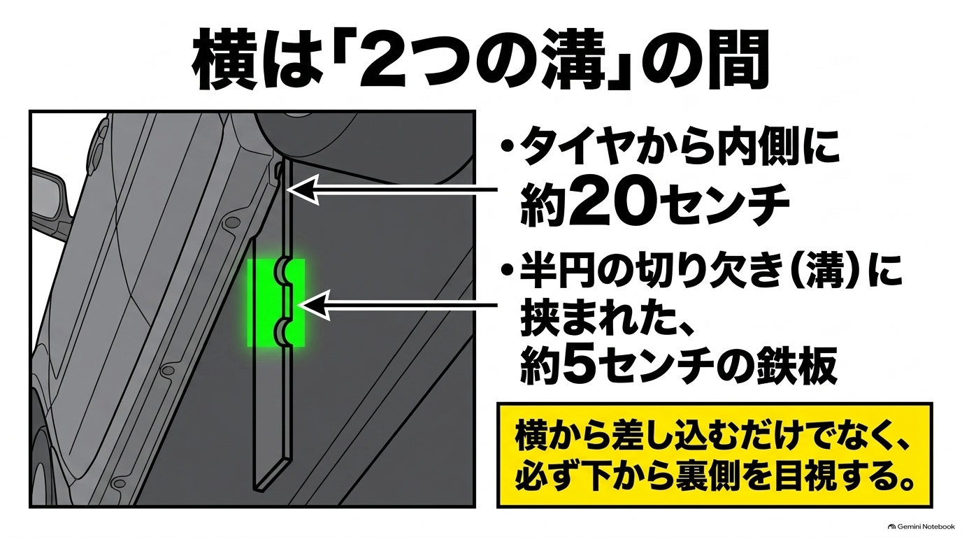アルファードのサイドジャッキポイントはタイヤから約20cm内側の切り欠き2つに挟まれた補強鉄板であり下から目視確認する手順の図解