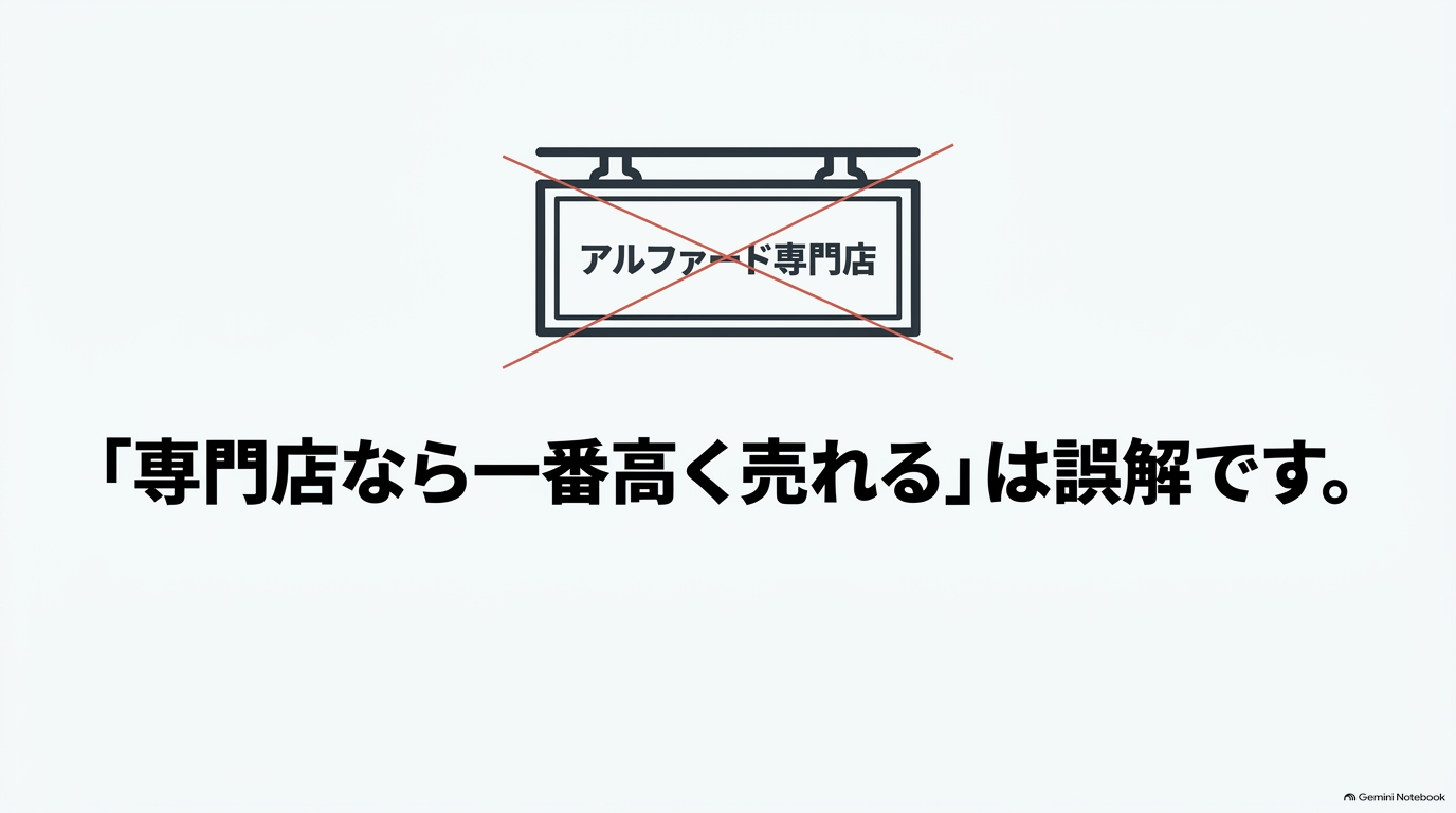 アルファード専門店なら一番高く売れるとは限らない理由と誤解を説明するスライド