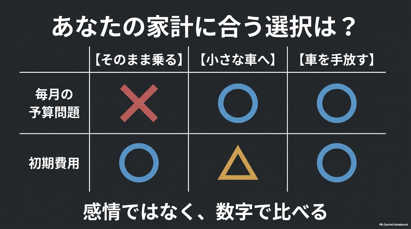 乗り続ける場合と小さな車へ乗り換える場合と手放す場合の予算と初期費用の比較表