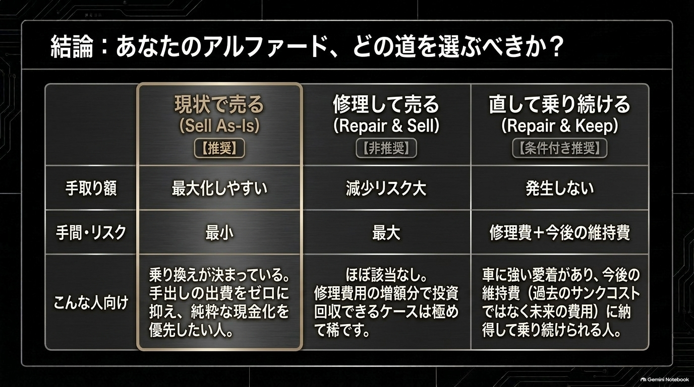 現状売却・修理後売却・乗り継続の3つの選択肢の比較【オートパーツらぼ・イメージ】 現状売却、修理後売却、修理後乗り継続の3つの選択肢を手取り額・リスク・対象者別に比較検討するスライド