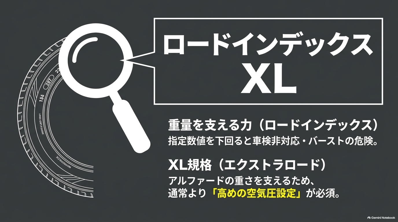 アルファードのロードインデックスとXL規格空気圧管理【オートパーツらぼ・イメージ】 アルファードの車重を支えるロードインデックスとXL規格の高め空気圧管理を解説したスライド