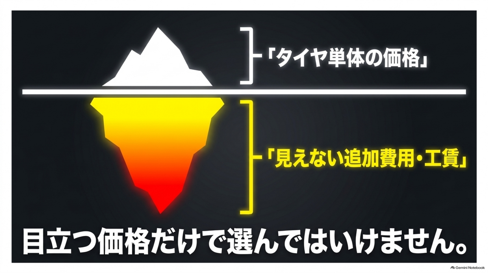 alphard-tire-set-cost-03-additional-costs タイヤ単体価格と追加費用・工賃を氷山に例えた費用確認の図