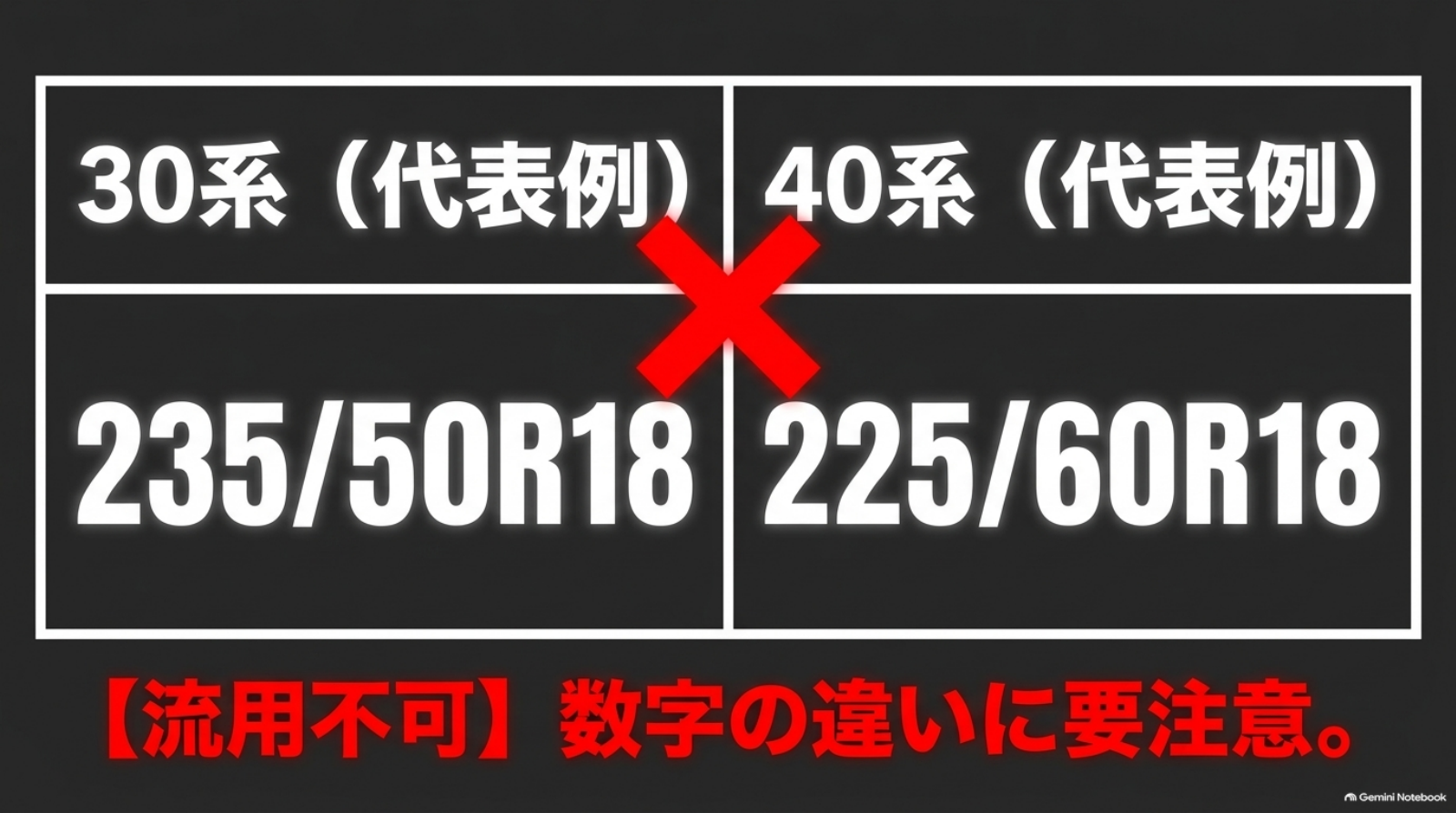 alphard-tire-set-cost-05-size-difference 30系の代表例235/50R18と40系の代表例225/60R18の違いを示す図