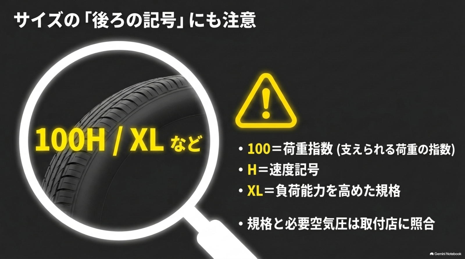 alphard-tire-set-cost-06-tire-markings タイヤ表記の100は荷重指数、Hは速度記号、XLは負荷能力を高めた規格と分けて示す説明図