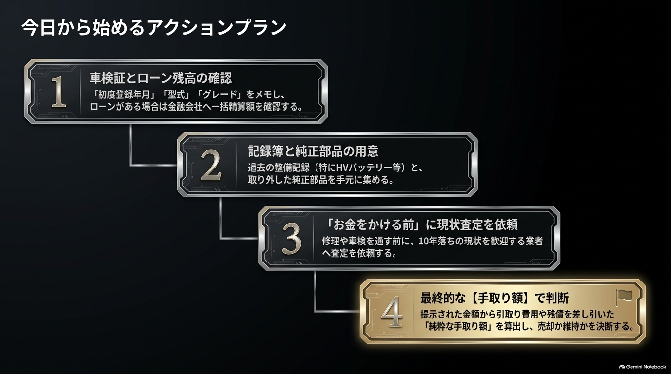 今日から始める10年落ちアルファード売却4つのアクション【オートパーツらぼ・イメージ】 今日から始める4つのアクションプランを確認・用意・現状査定依頼・最終決断のステップ順に提示するまとめスライド