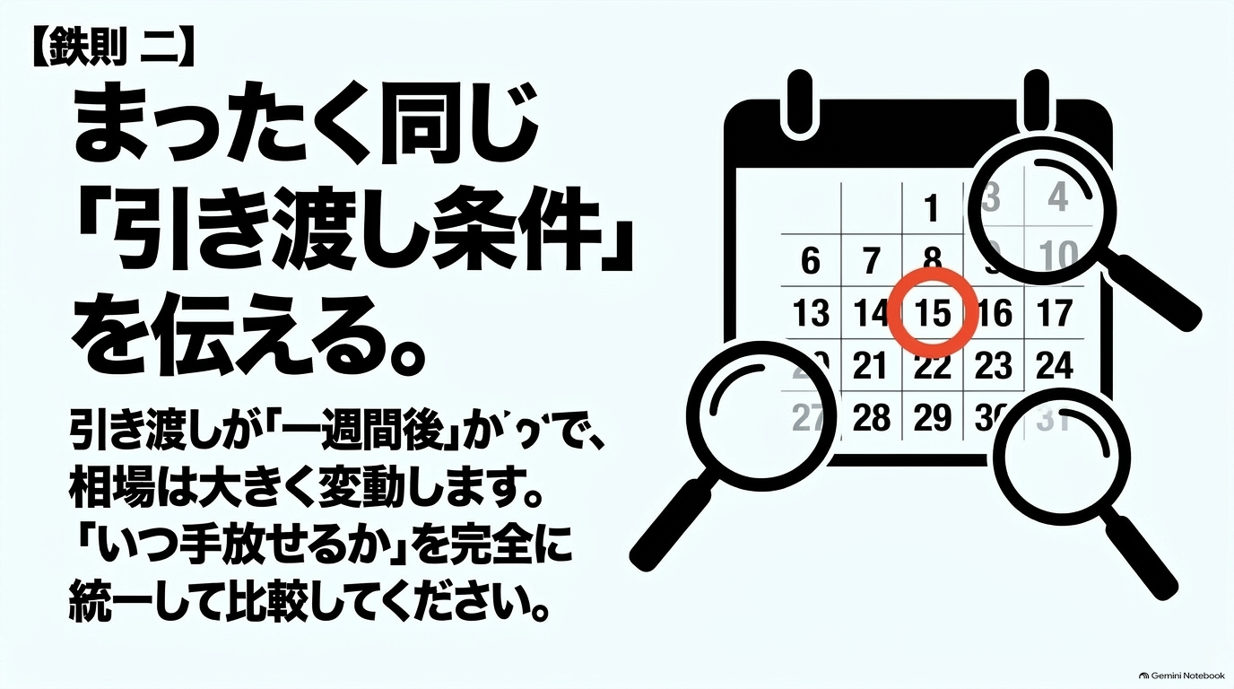 買取価格を正しく比較するために車両の引渡し時期や条件を統一する重要性を示すスライド