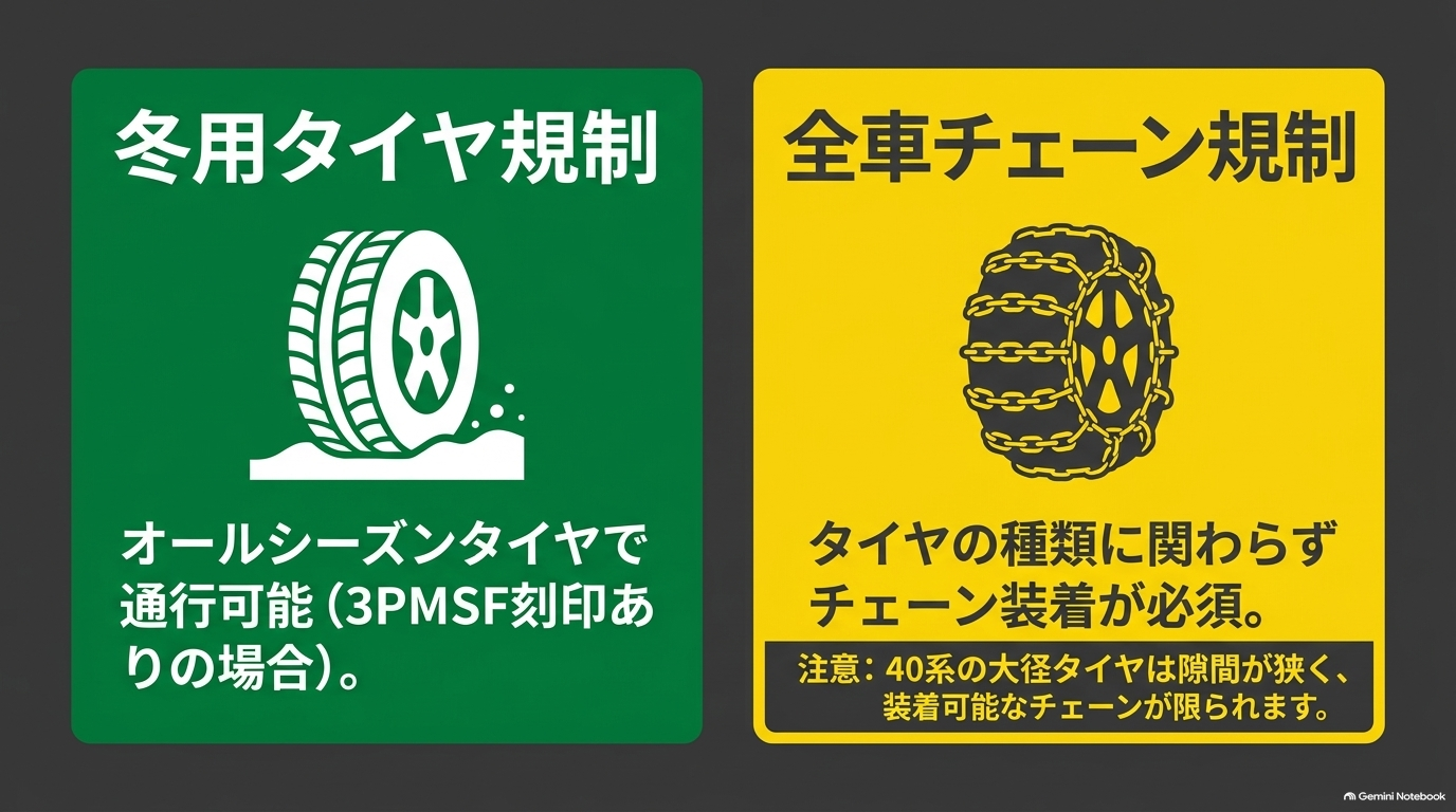 冬用タイヤ規制と全車チェーン規制の対応条件【オートパーツらぼ・イメージ】 冬用タイヤ規制と全車チェーン規制におけるオールシーズンタイヤの対応条件とチェーン装着制限のスライド