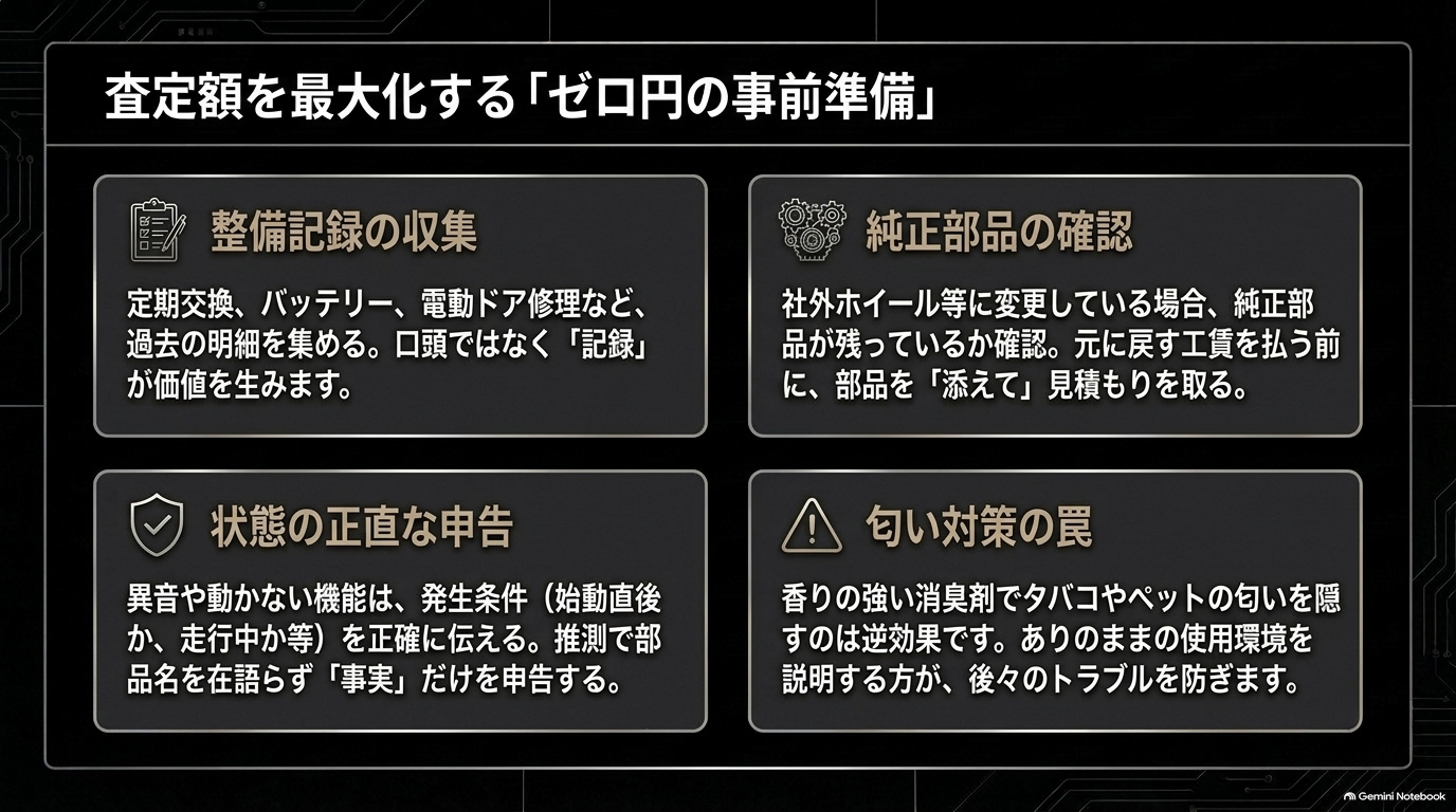 査定額を最大化する追加費用ゼロの事前準備4選【オートパーツらぼ・イメージ】 査定額を最大化するために追加費用なしで実施できる4つのゼロ円事前準備について解説するスライド