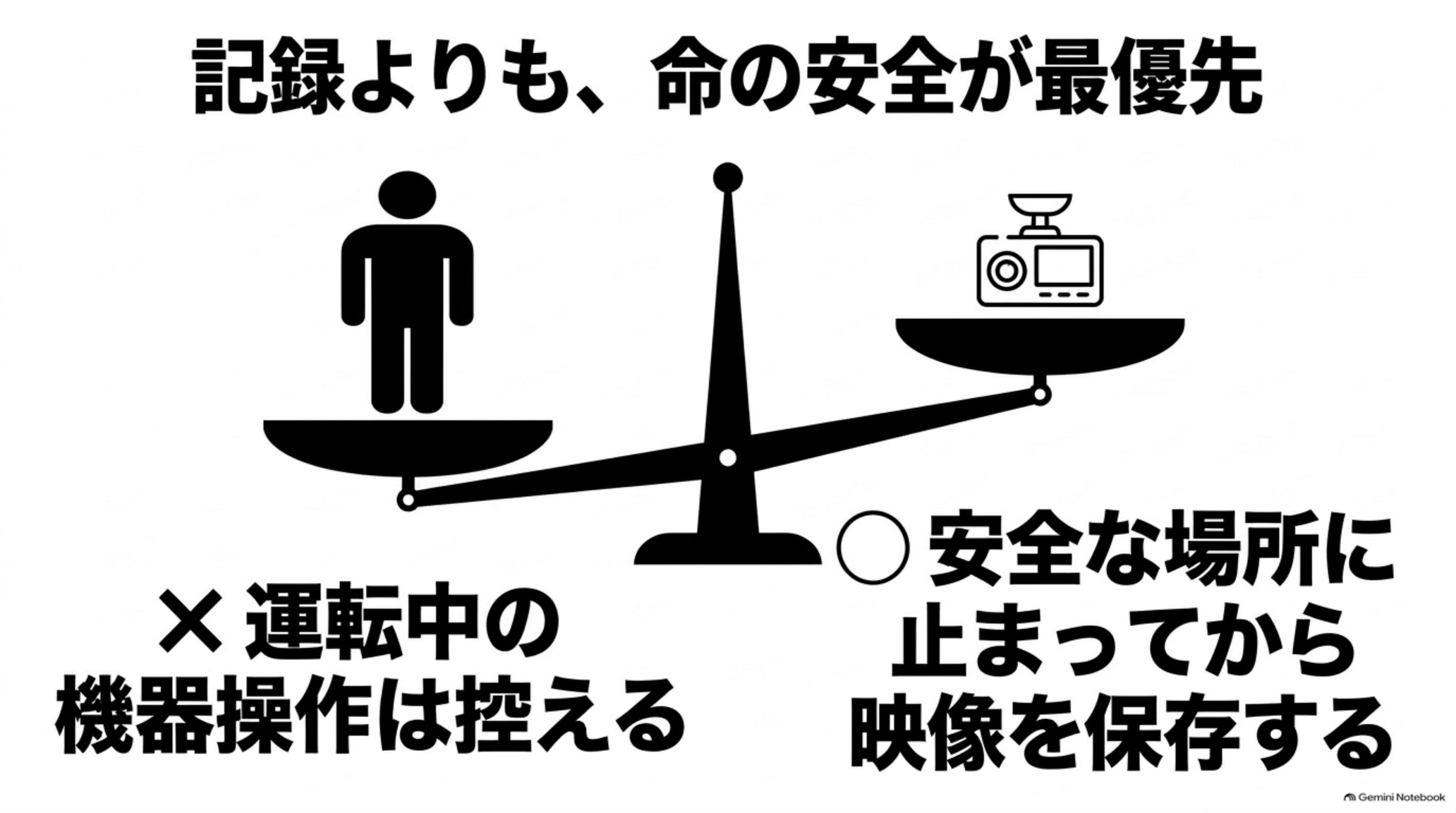 alphard-zokugari-safe-recording 人の安全をドラレコの記録より優先し、運転中の機器操作を控えて安全な場所に停止してから映像を保存する図