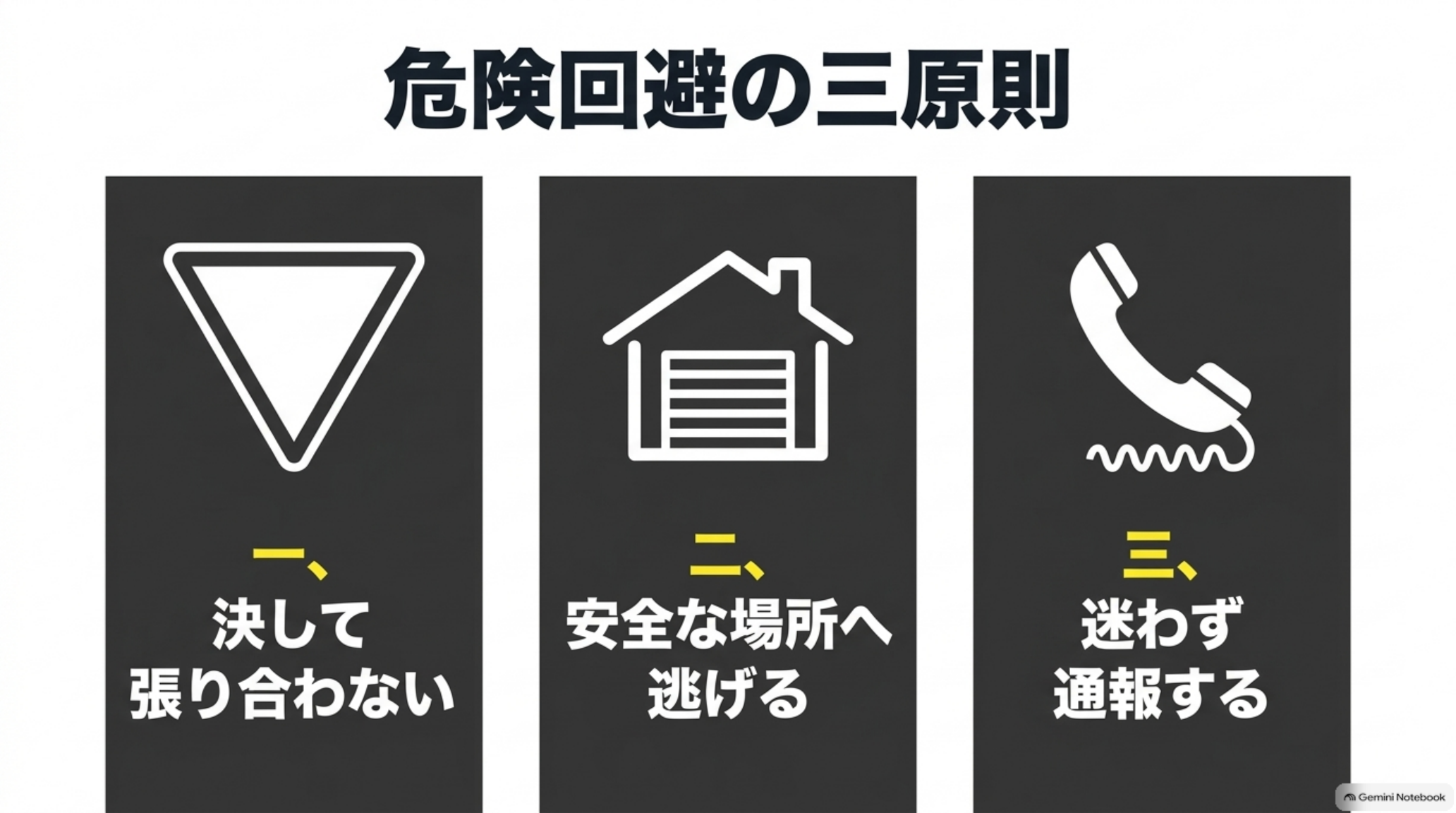 alphard-zokugari-three-safety-actions 危険回避の三原則として、張り合わない、安全な場所へ逃げる、通報するを示した図