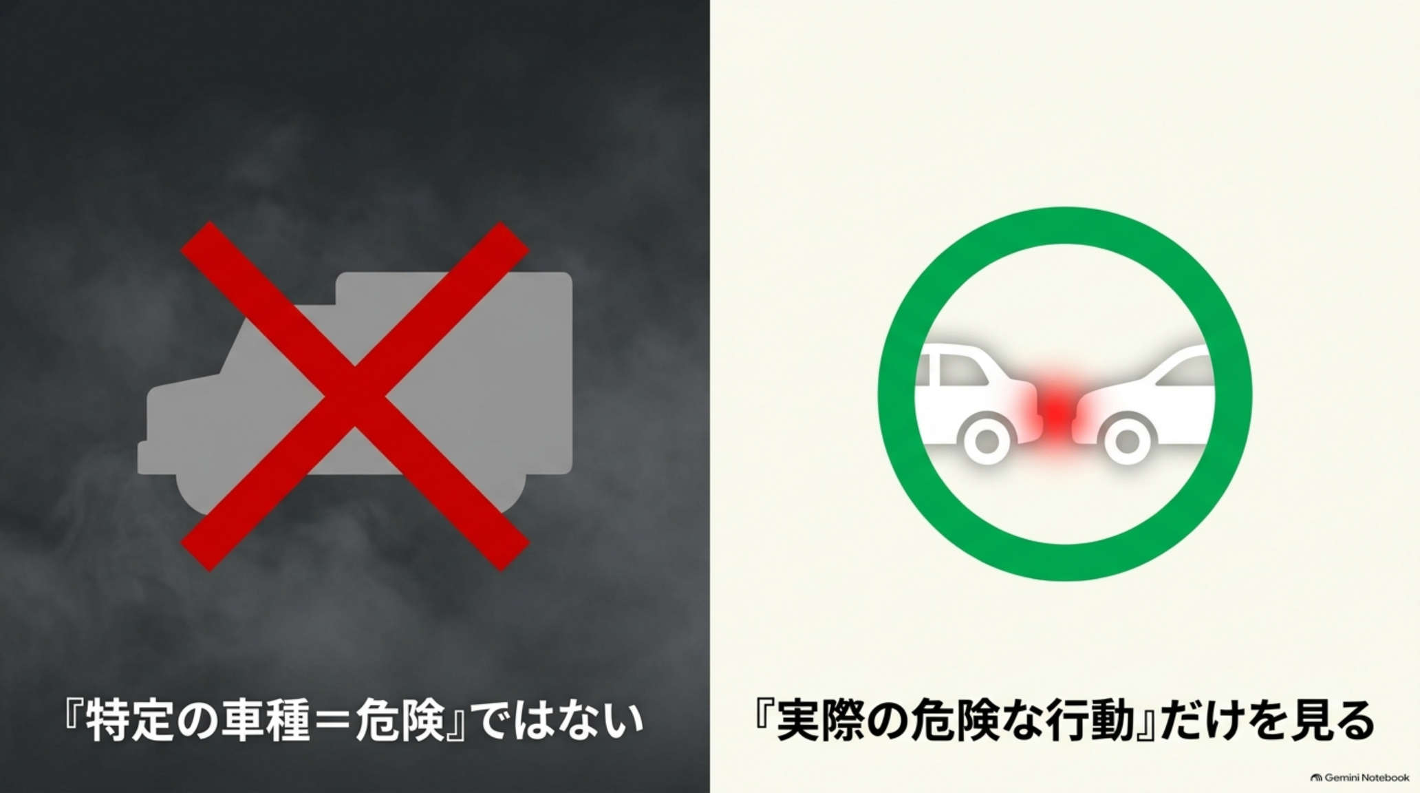 alphard-zokugari-vehicle-and-behavior 特定の車種を危険と決め付けず、実際の危険な行動に注目するという比較図