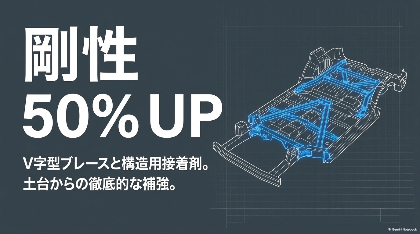 V字ブレースと構造用接着剤で剛性50パーセント向上【オートパーツらぼ・イメージ】 V字型ブレースや構造用接着剤によりボディ剛性が50%向上したことを説明するスライド