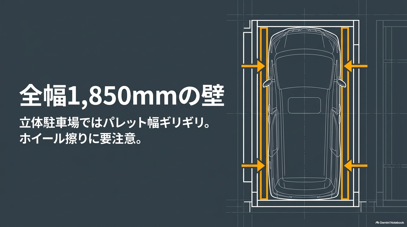 全幅1850mmの立体駐車場パレットとホイール擦り注意点【オートパーツらぼ・イメージ】 全幅1,850mmによる立体駐車場でのパレット幅やホイール擦りの注意点を解説するスライド