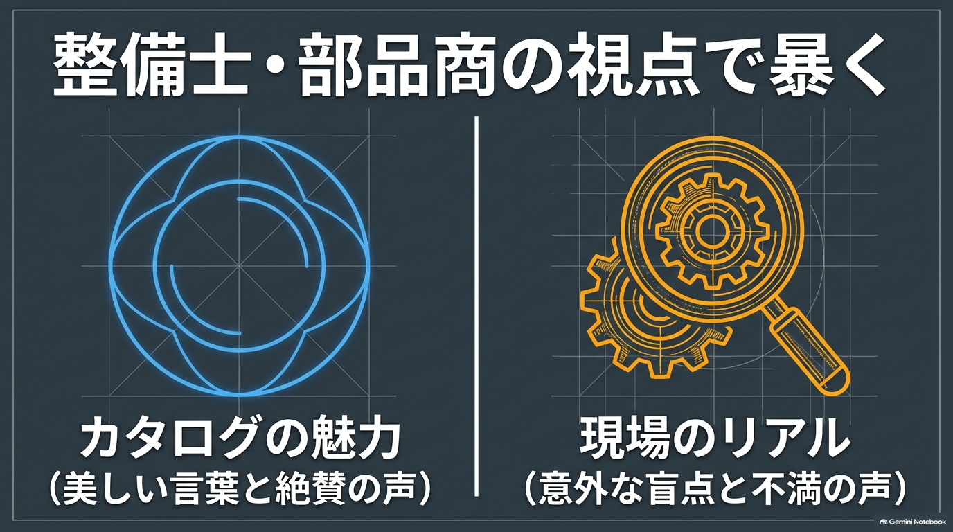 整備士と部品商の視点 カタログと現場のリアル【オートパーツらぼ・イメージ】 整備士と部品商の視点からカタログの魅力と現場のリアルを比較検討するスライド