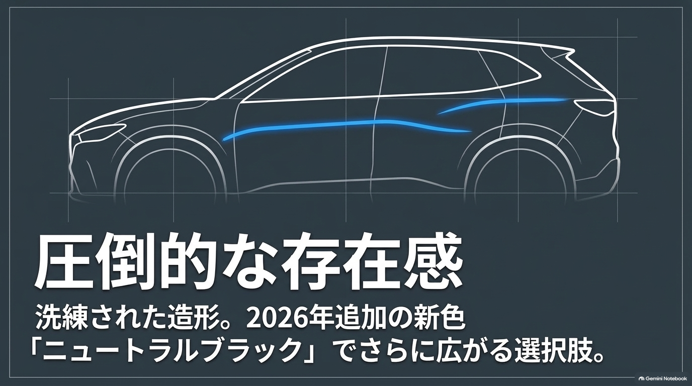 新型アルファード 外観デザインと新色ニュートラルブラック【オートパーツらぼ・イメージ】 新型車の圧倒的な存在感と2026年追加の新色ニュートラルブラックを紹介するスライド