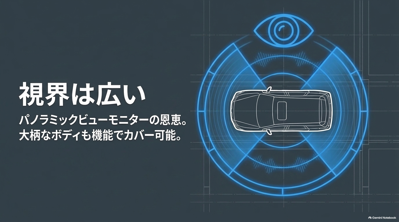 パノラミックビューモニターと大柄ボディの視界確保【オートパーツらぼ・イメージ】 パノラミックビューモニターにより大柄なボディでも広い視界を確保できることを示すスライド