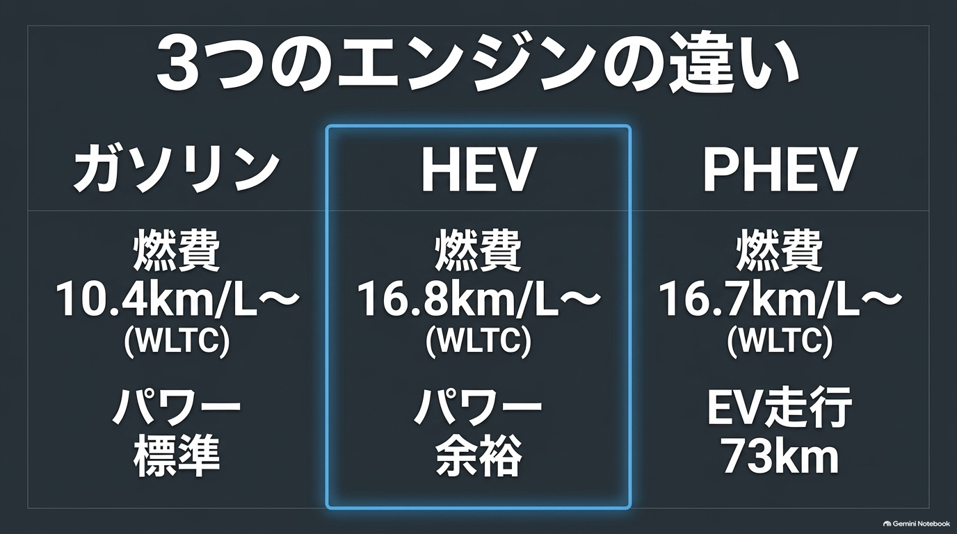 ガソリン HEV PHEV 3つのパワートレイン燃費と走り比較【オートパーツらぼ・イメージ】 ガソリン、HEV、PHEVの3つのパワートレインの燃費と性能の違いを比較するスライド