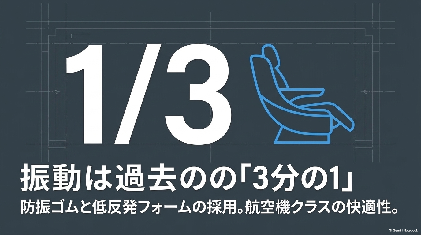 防振ゴムと低反発フォームによる2列目シート振動低減【オートパーツらぼ・イメージ】 防振ゴムや低反発フォームの採用により振動が過去の3分の1に低減されたことを説明するスライド