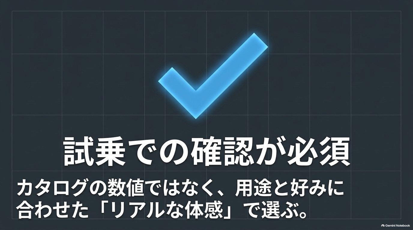 新型アルファード後悔しない選び方 試乗体感の重要性【オートパーツらぼ・イメージ】 カタログスペックではなく試乗によるリアルな体感で車を選ぶ重要性を伝えるまとめスライド