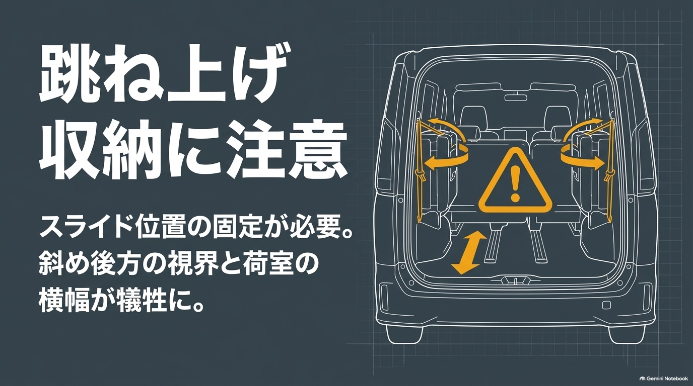 サードシート跳ね上げ収納と荷室幅・後方視界【オートパーツらぼ・イメージ】 サードシートの跳ね上げ収納に伴う視界や荷室幅への注意点を解説するスライド