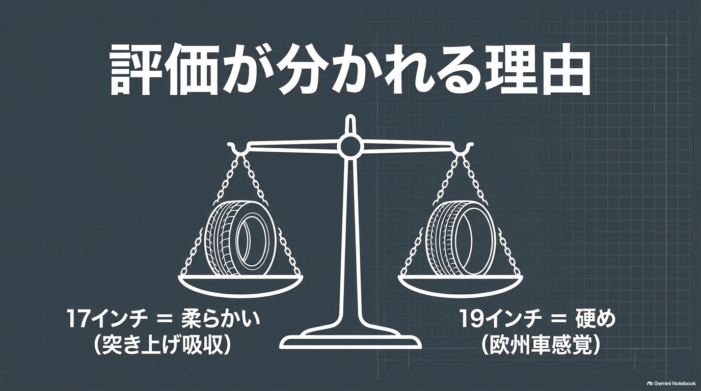 17インチと19インチのタイヤサイズと乗り味の違い【オートパーツらぼ・イメージ】 17インチと19インチのタイヤサイズによる乗り心地の違いと評価の分かれ目を説明するスライド