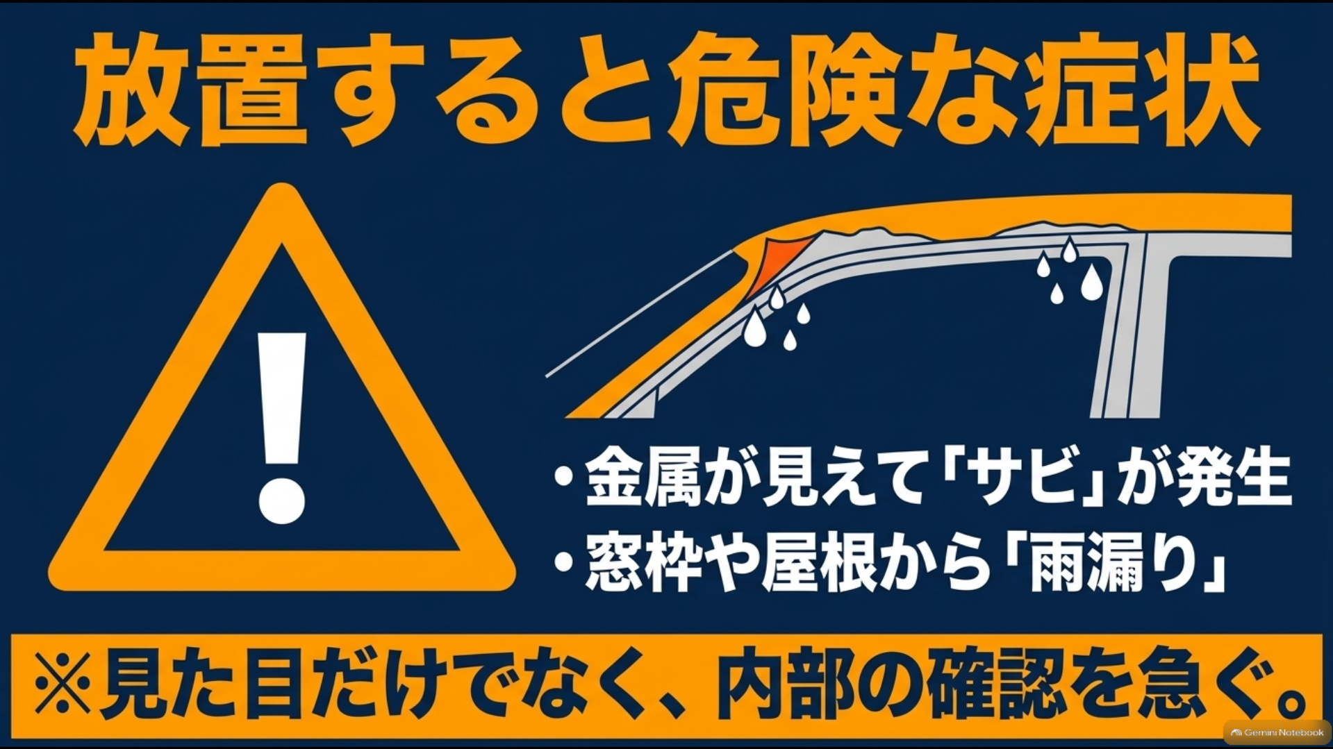 塗装剥がれ放置で金属の錆や窓枠・屋根からの雨漏りに注意するスライド