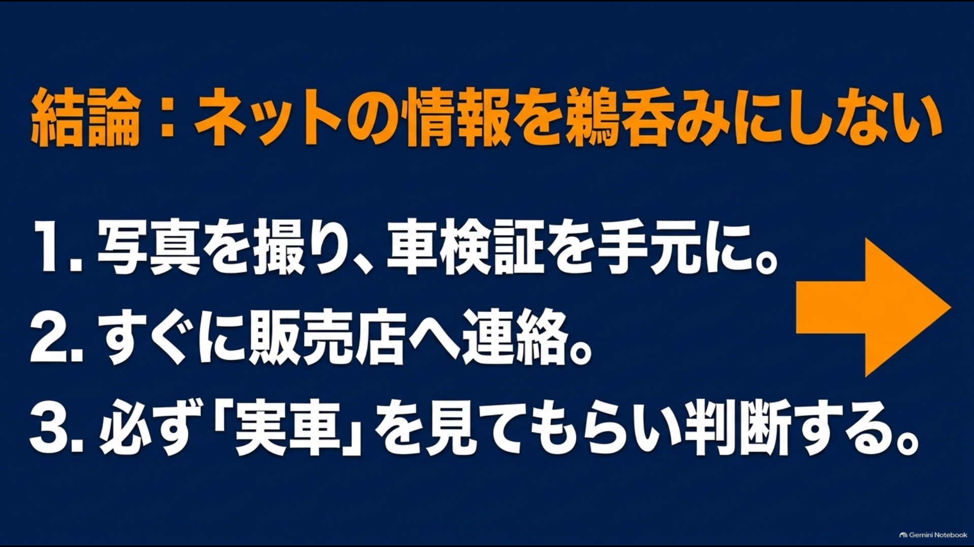 写真撮影・車検証確認・販売店相談・実車確認の流れをまとめたスライド