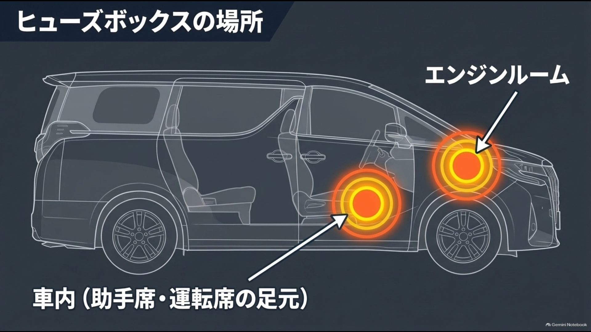30系アルファードの車内足元とエンジンルームにあるヒューズボックス位置の概略