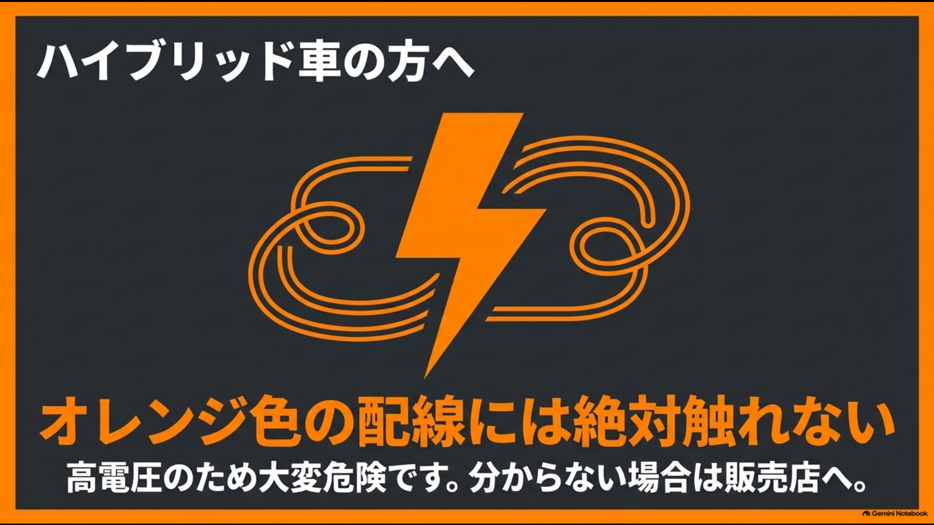 30系アルファードハイブリッド車でオレンジ色の高電圧配線に触れないよう注意する図